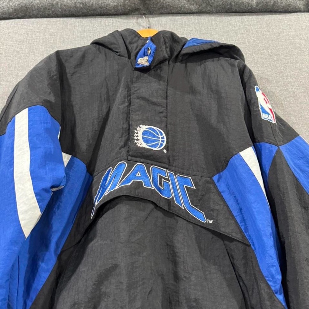 Vintage 90s Starter Orlando Magic Puffer Jacket Hooded Black Blue Small